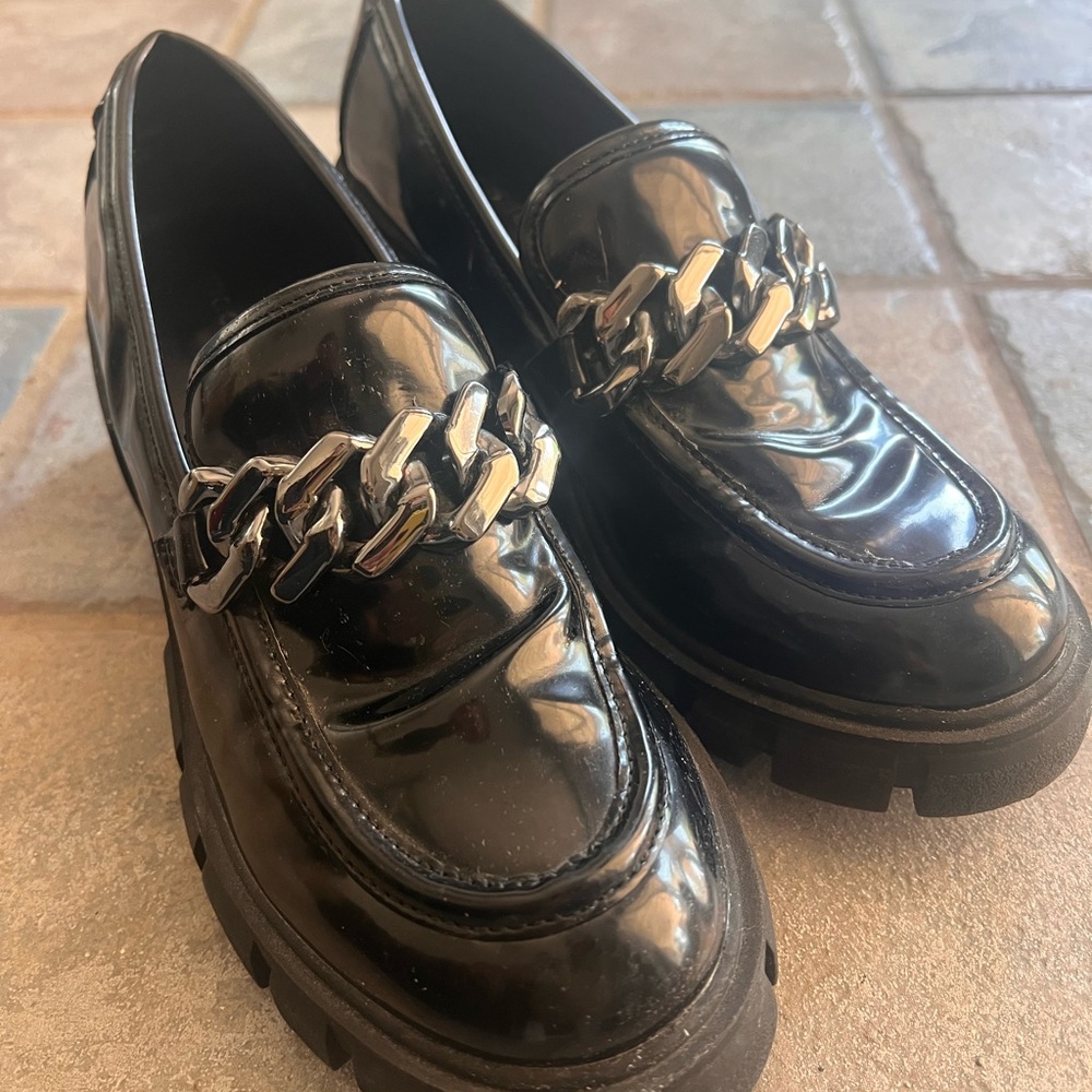 Black Loafers with Silver Chain Detail